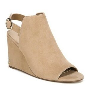 Sam Edelman Warick Suede Wedge Peep Toe Ankle Strap Sandal in Camel
